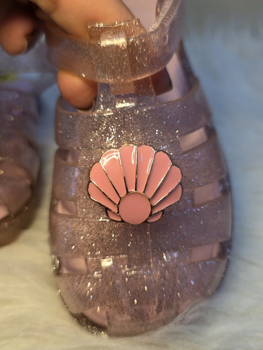 Self Esteem Glitter Pink Jelly Sandals with Shell Charm
